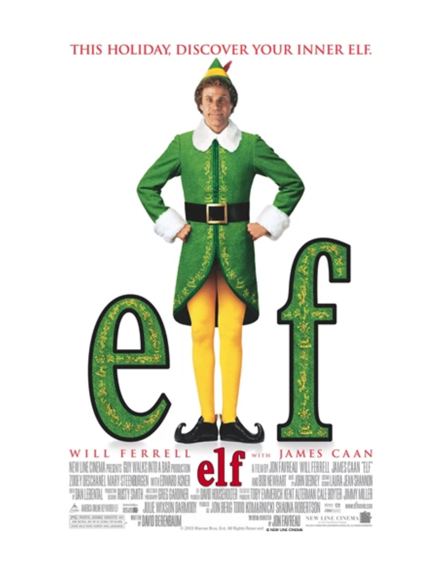 Man dressed in a green elf outfit standing in between the letters "e" and "f".
