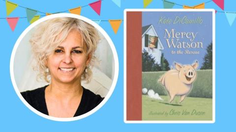 Author Kate DiCamillo with cover of her book "Mercy Watson to the Rescue"