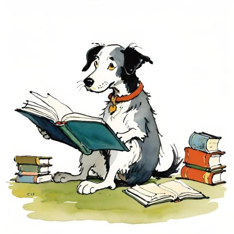 Black and white dog reading a book with an open book and two stacks of books next to dog.