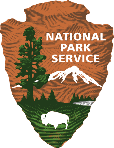 Arrowhead logo with tree, mountain and buffalo.