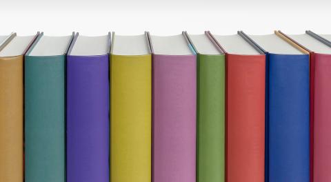 Row of books with many different colored spines.