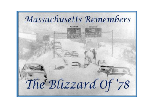 Black and white photo of the MA Turnpike during Blizzard of 1978