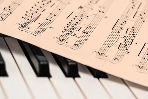 Sheet of music on top of piano keys.