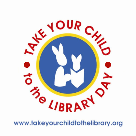 Take Your Child to the Library Day words around blue and white bunnies reading a book.