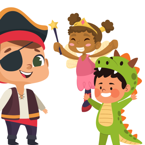 Three kids in costumes, one dressed with a hat and eye patch, one with wings and a wand, and another in a green dino suit.