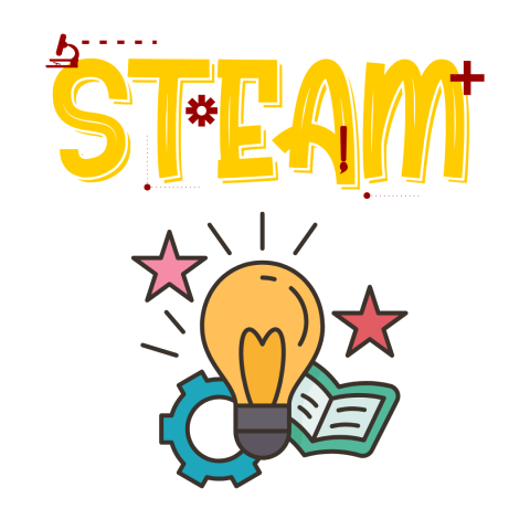 STEAM letters above a lightbulb, gear book and two stars.