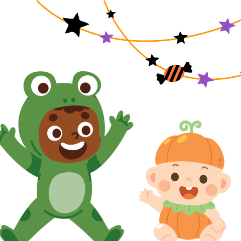 One kid dressed in a green frog costume and a baby dressed in a pumpkin costume with purple and yellow decorative garland above.