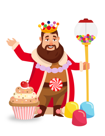 King with candy crown and scepter dressed in a red cloak.