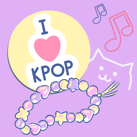 I Love K-pop button, bracelet, musical notes, and cat on purple background.