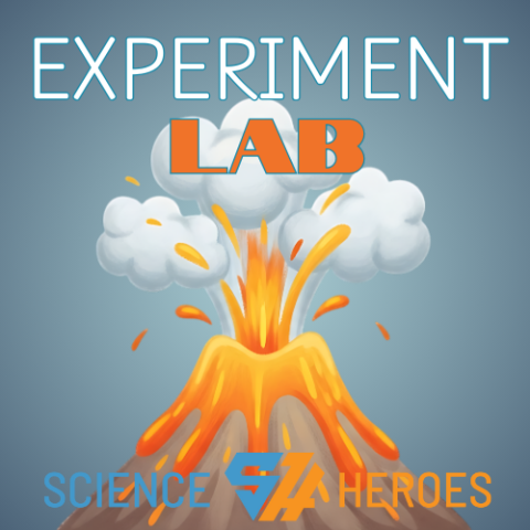 Volcano on gray background with words Experiment Lab and Science Heroes.