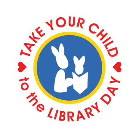 Take Your Child to the Library Day logo with grown up and kid bunnies reading a book together.