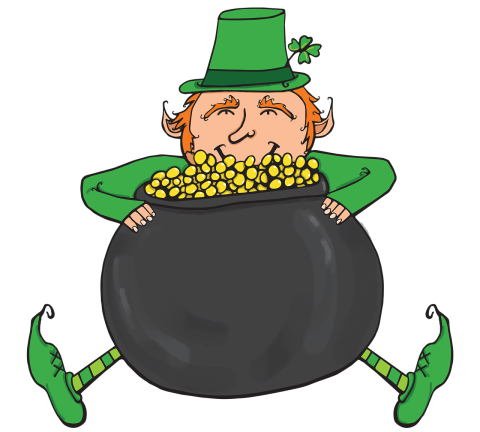 Leprechaun dressed in green with a green hat sitting behind a black pot filled with gold.