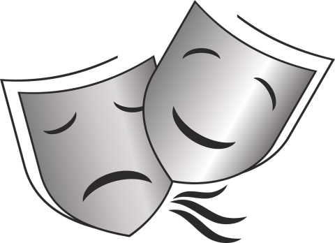 Gray scale theater masks, on with sad expression and one with happy expression.