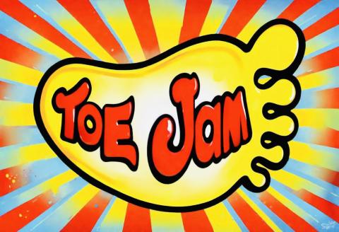 Logo for Toe Jam Puppet Band features a foot shape with the words "Toe Jam" inside.  Yellow, red and blue colors radiate from behind.