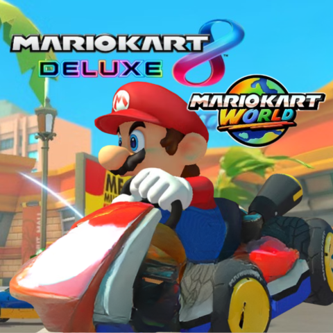 Mario in car with Mario Kart 8 Deluxe Log and Mario Kart World logo