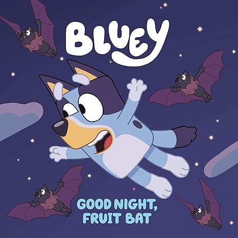 Blue dog flying in the dark with fruit bats.  