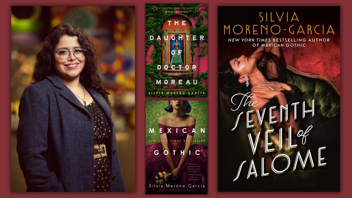 A photo of author Silvia Moreno-Garcia and her book covers