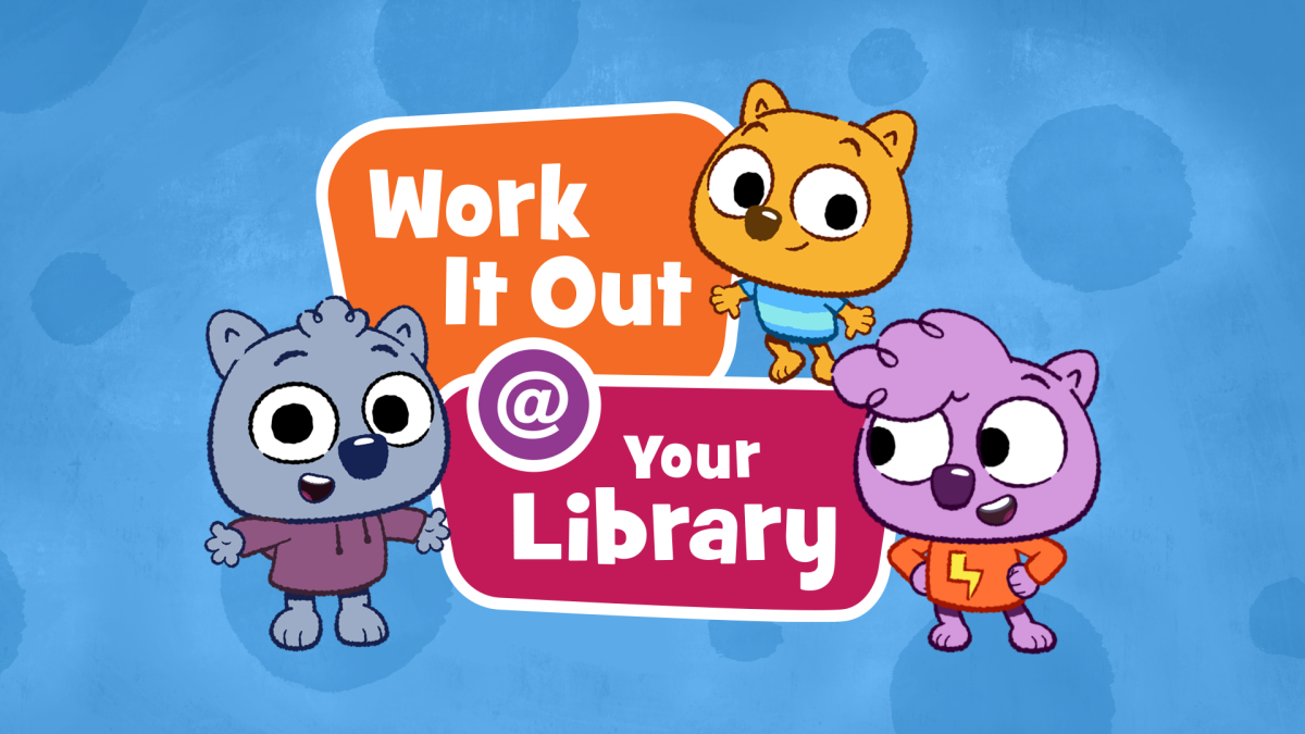 Three colorful wombat characters surround the logo Work It Out @ Your Library.