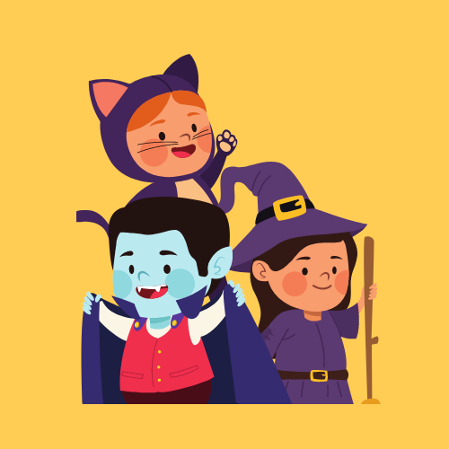 Three kids dressed in costumes: a bat, a vampire and a witch.