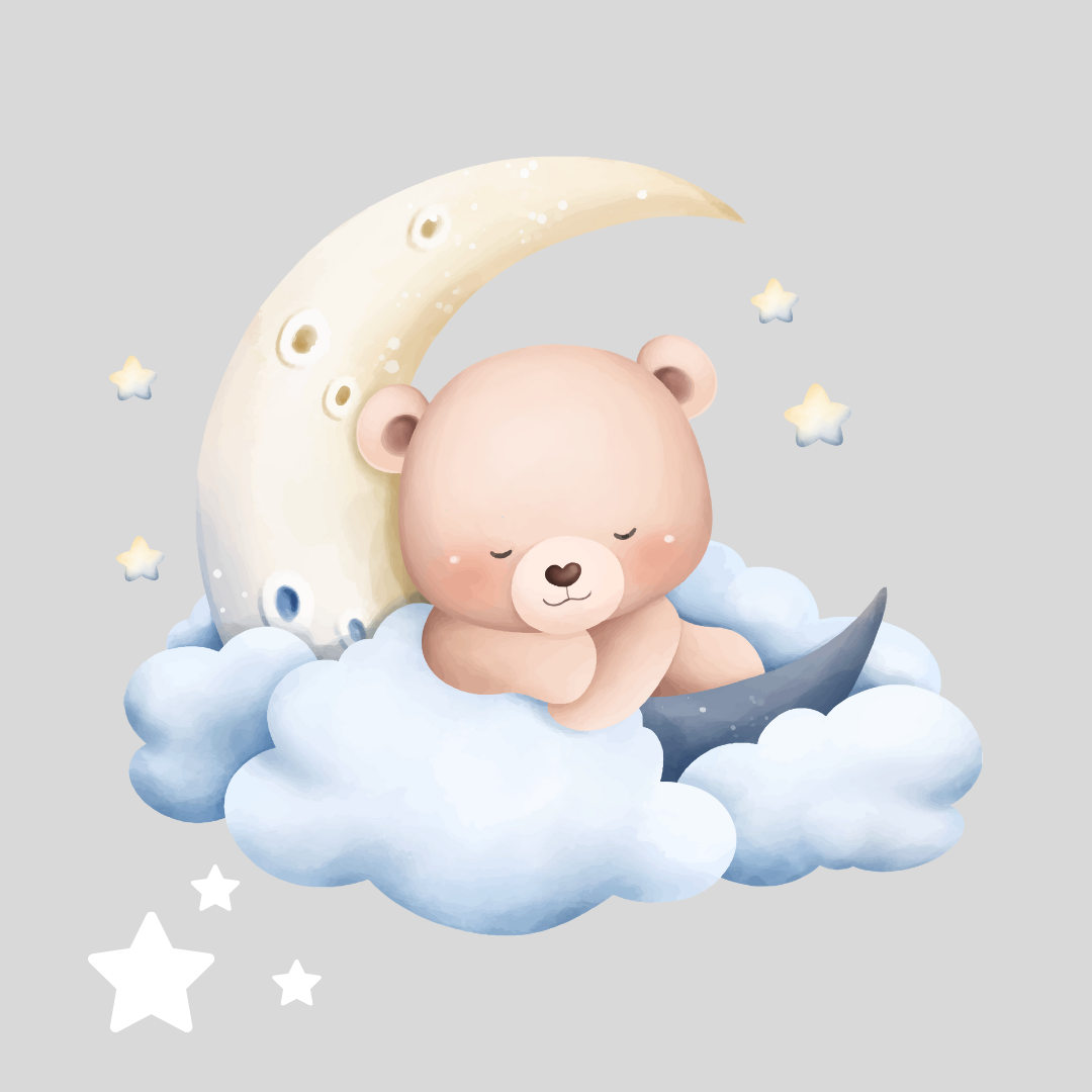 Teddy Bear asleep on a cloud next to a crescent moon and stars.