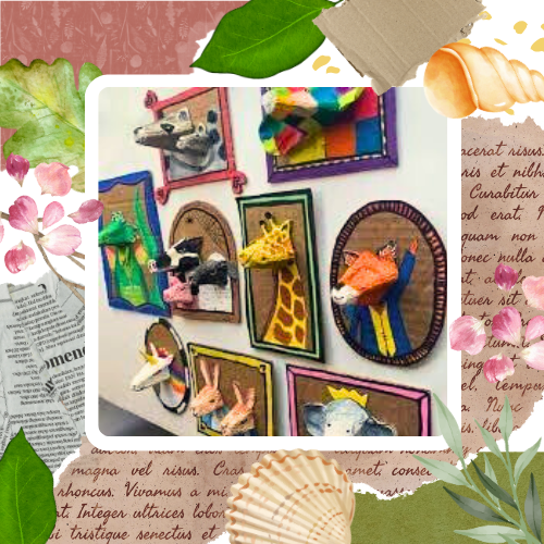 Framed pictures of mixed media animals with natural and recycled materials