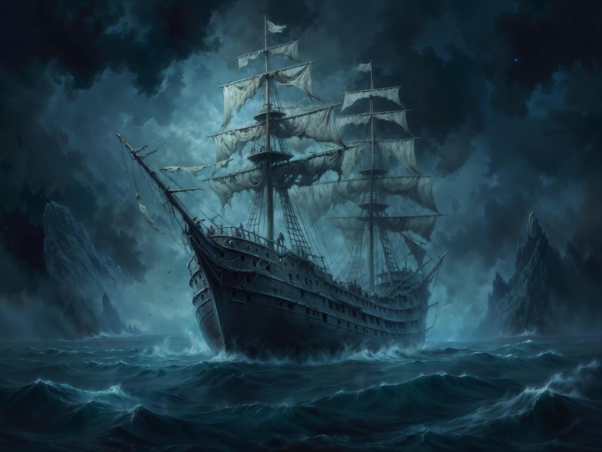Spooky sailing ship in storm-tossed waves at night