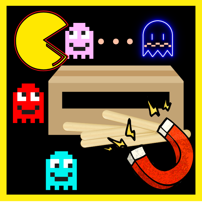 Pac-Man, 4 ghosts, a cardboard box, popsicle sticks, and a magnet