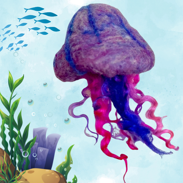 A pink, purple, and blue needle felted wool octopus against an ocean background.