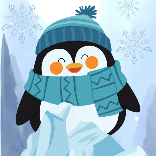 Penguin with hat and scarf with snowy background.