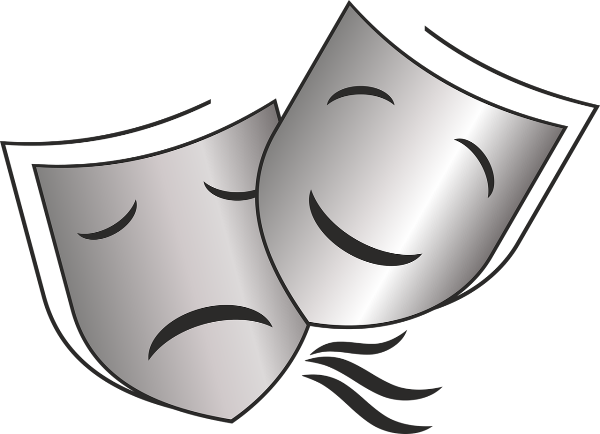 Gray scale theater masks, on with sad expression and one with happy expression.