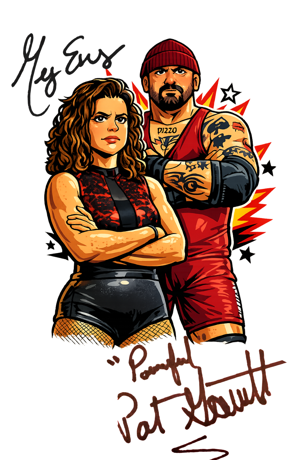 Meg Enos and Powerful Pat Garrett in their wrestling gear drawn in sketch.